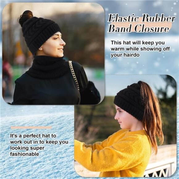 5 Pcs Winter Hat Scarf Gloves Set Fleece Warm Lined Knit Beanie Hat